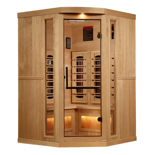 Golden Designs 2025 Reserve Edition 3 - Person Full Spectrum PureTech™ Near Zero EMF FAR Infrared Sauna with Himalayan Salt Bar (Corner Unit) - The Sauna Solution