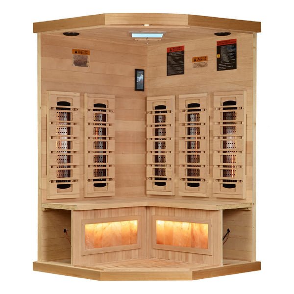 Golden Designs 2025 Reserve Edition 3 - Person Full Spectrum PureTech™ Near Zero EMF FAR Infrared Sauna with Himalayan Salt Bar (Corner Unit) - The Sauna Solution LLC