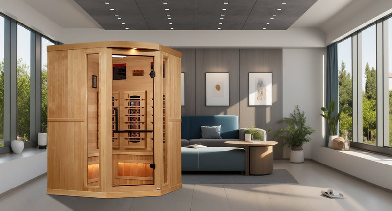 Golden Designs 2025 Reserve Edition 3 - Person Full Spectrum PureTech™ Near Zero EMF FAR Infrared Sauna with Himalayan Salt Bar (Corner Unit) - The Sauna Solution LLC