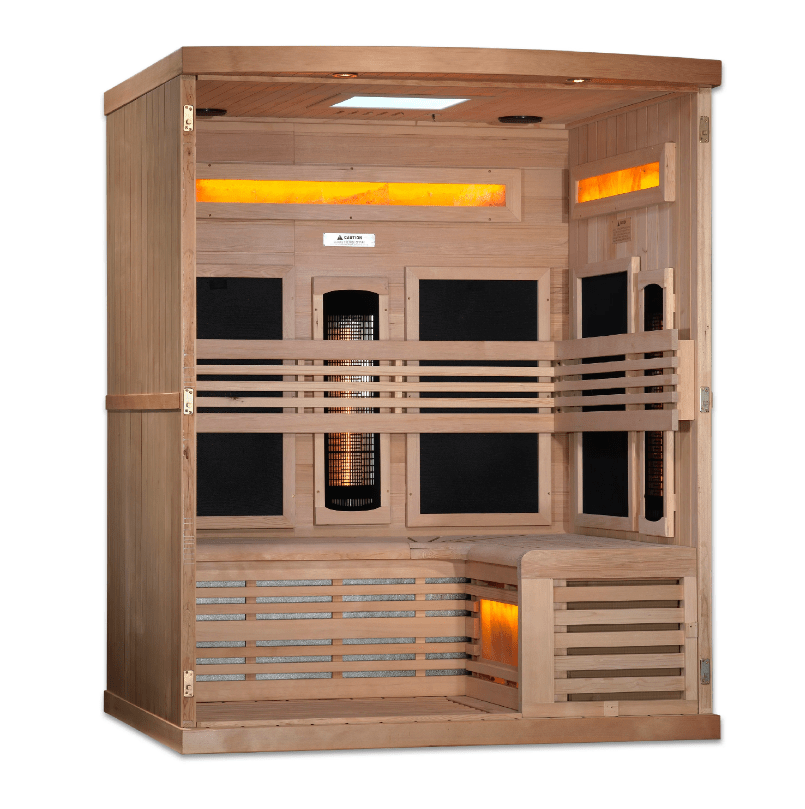 Golden Designs 3 - Person Full Spectrum PureTech™ Near Zero EMF FAR Infrared Sauna with Himalayan Salt Bar & Canadian Hemlock - The Sauna Solution