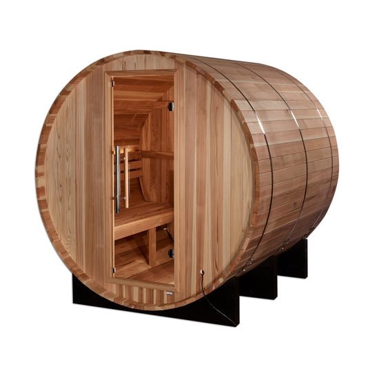 Golden Designs Arosa 4 - Person Outdoor Barrel Steam Sauna in Pacific Cedar Wood - The Sauna Solution