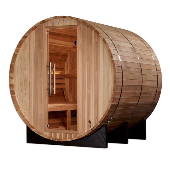 Golden Designs Arosa 4 - Person Outdoor Barrel Steam Sauna in Pacific Cedar Wood - The Sauna Solution