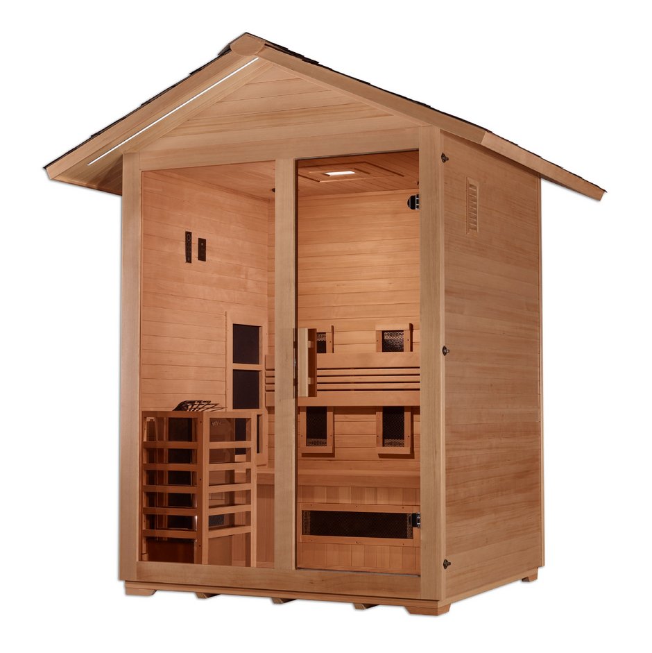 Golden Designs Gargellen 5 - Person Hybrid PureTech™ Full Spectrum IR or Traditional Stove Outdoor Sauna in Canadian Hemlock - The Sauna Solution