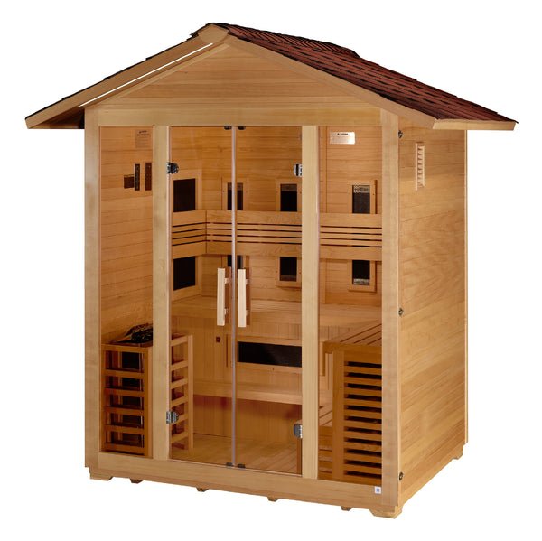 Golden Designs Gargellen 5 - Person Hybrid PureTech™ Full Spectrum IR or Traditional Stove Outdoor Sauna in Canadian Hemlock - The Sauna Solution