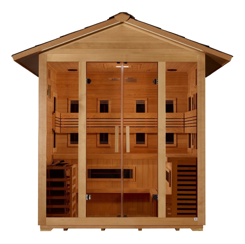 Golden Designs Gargellen 5 - Person Hybrid PureTech™ Full Spectrum IR or Traditional Stove Outdoor Sauna in Canadian Hemlock - The Sauna Solution LLC