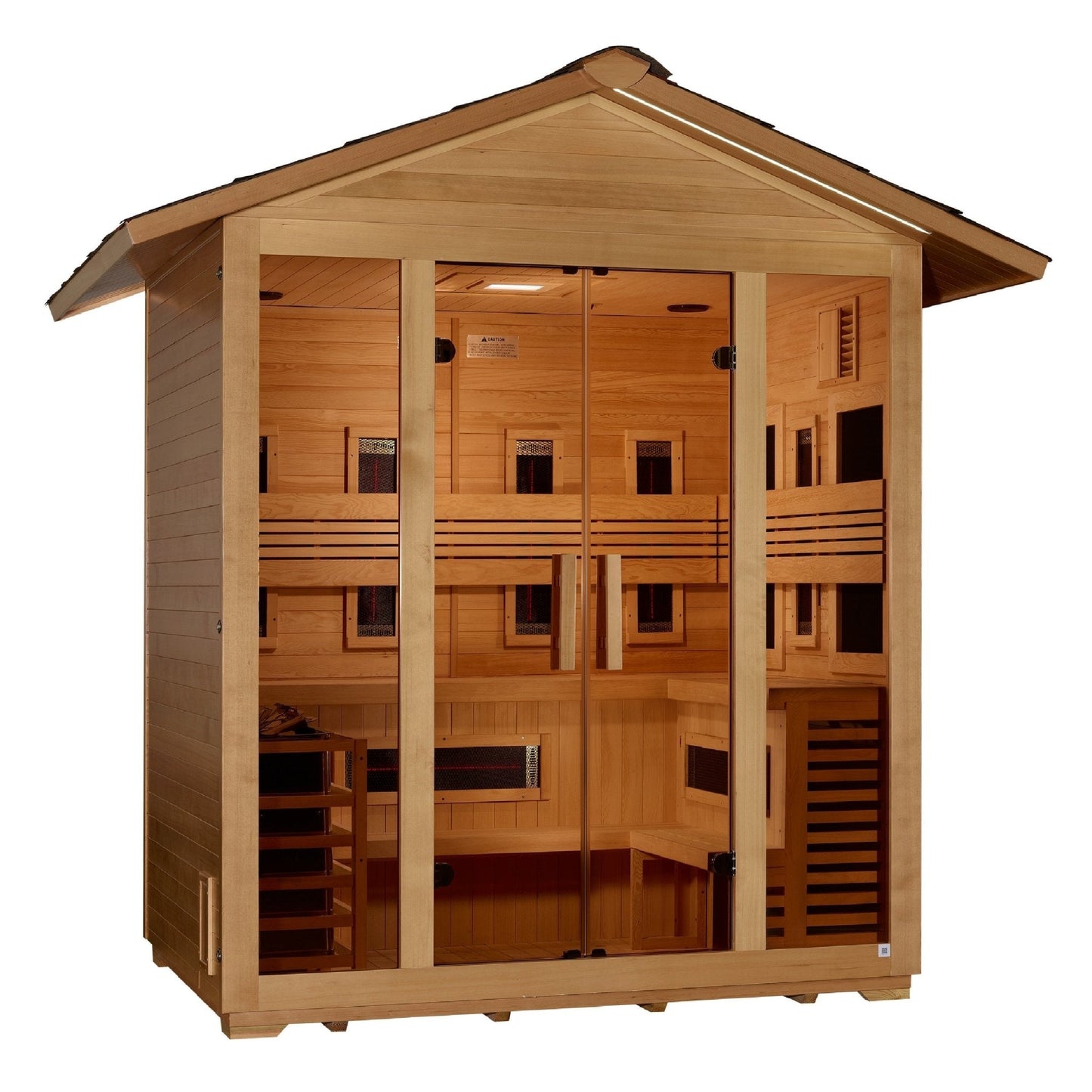 Golden Designs Gargellen 5 - Person Hybrid PureTech™ Full Spectrum IR or Traditional Stove Outdoor Sauna in Canadian Hemlock - The Sauna Solution