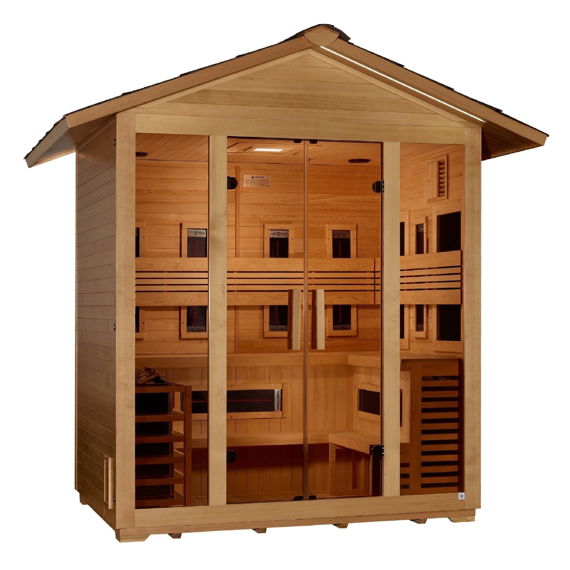 Golden Designs Gargellen 5 - Person Hybrid PureTech™ Full Spectrum IR or Traditional Stove Outdoor Sauna in Canadian Hemlock - The Sauna Solution
