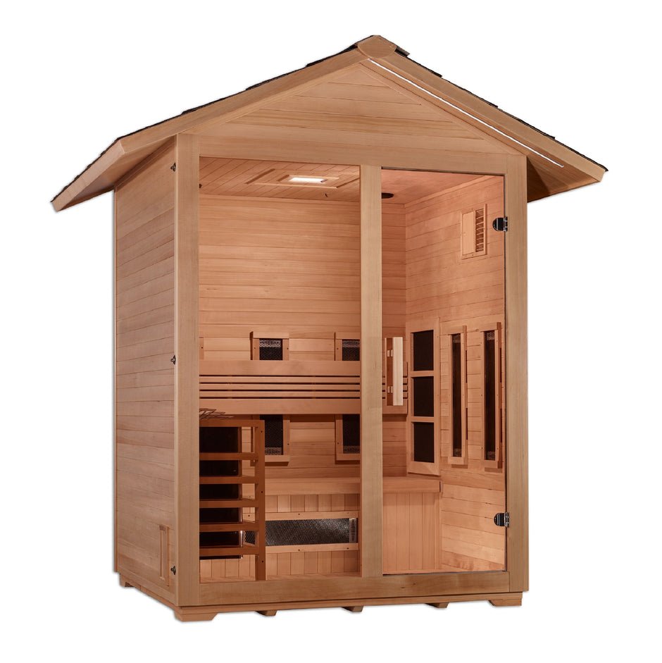 Golden Designs Gargellen 5 - Person Hybrid PureTech™ Full Spectrum IR or Traditional Stove Outdoor Sauna in Canadian Hemlock - The Sauna Solution