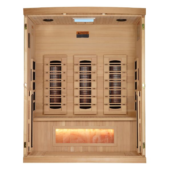 Golden Designs "Reserve Edition" 3 - Person Full Spectrum PureTech™ Near Zero EMF Infrared Sauna with Himalayan Salt Bar - The Sauna Solution LLC