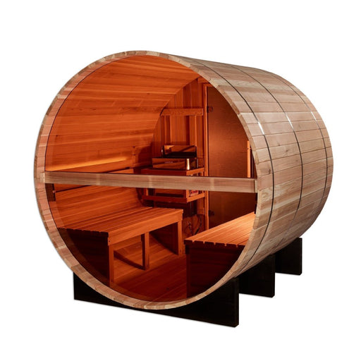 Golden Designs Zurich 4 - Person Outdoor Barrel Traditional Sauna with Bronze Privacy View in Pacific Cedar Wood - The Sauna Solution LLC