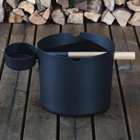 SaunaLife Aluminum 1 - Gallon Sauna Bucket Set with Wood Ladle and Thermometer, Black - The Sauna Solution