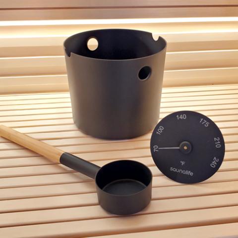SaunaLife Aluminum 1 - Gallon Sauna Bucket Set with Wood Ladle and Thermometer, Black - The Sauna Solution LLC