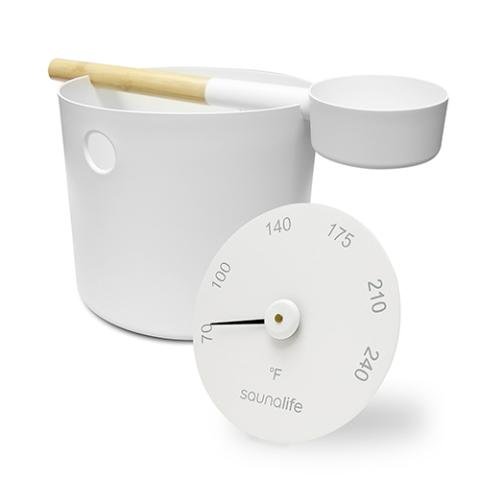 SaunaLife Aluminum 1 - Gallon Sauna Bucket Set with Wood Ladle and Thermometer, White - The Sauna Solution