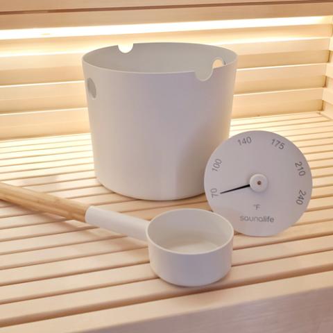SaunaLife Aluminum 1 - Gallon Sauna Bucket Set with Wood Ladle and Thermometer, White - The Sauna Solution