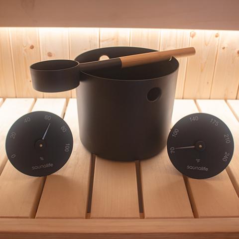 SaunaLife Bucket, Ladle, Hygrometer and Thermometer, Black - The Sauna Solution LLC