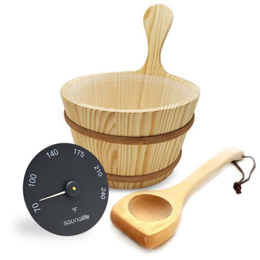 SaunaLife Wooden 1 - Gallon Sauna Bucket Set with Wood Ladle and Thermometer - Black - The Sauna Solution LLC