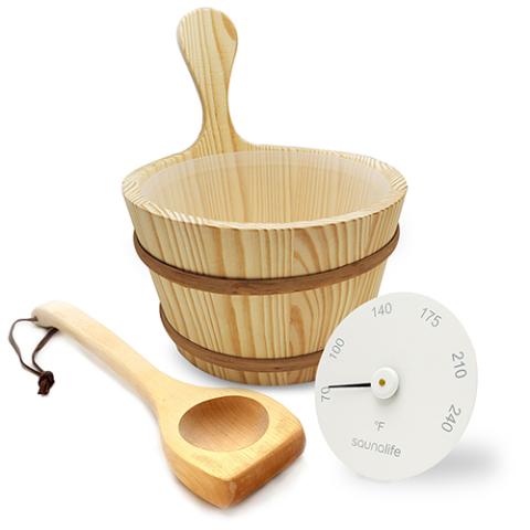 SaunaLife Wooden 1 - Gallon Sauna Bucket Set with Wood Ladle and Thermometer - White - The Sauna Solution