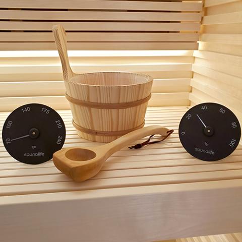 SaunaLife Wooden 1 - Gallon Sauna Bucket, Wood Ladle, Thermometer, Hygrometer, Black - The Sauna Solution