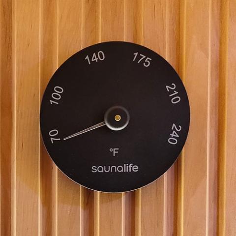 SaunaLife Wooden 1 - Gallon Sauna Bucket, Wood Ladle, Thermometer, Hygrometer, Black - The Sauna Solution