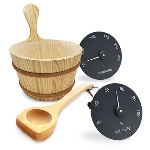 SaunaLife Wooden 1 - Gallon Sauna Bucket, Wood Ladle, Thermometer, Hygrometer, Black - The Sauna Solution