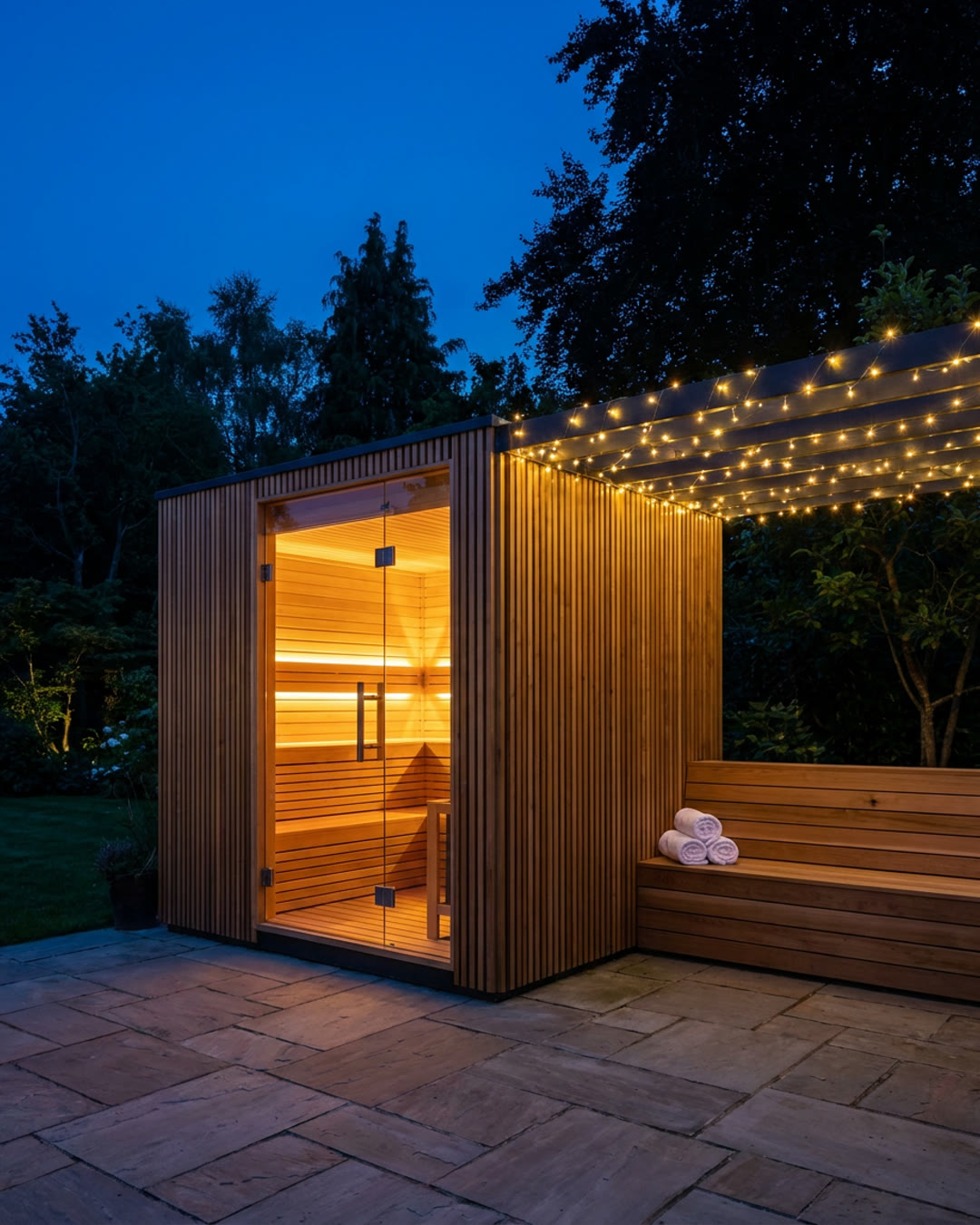 Luxury backyard cube sauna glowing at dusk
