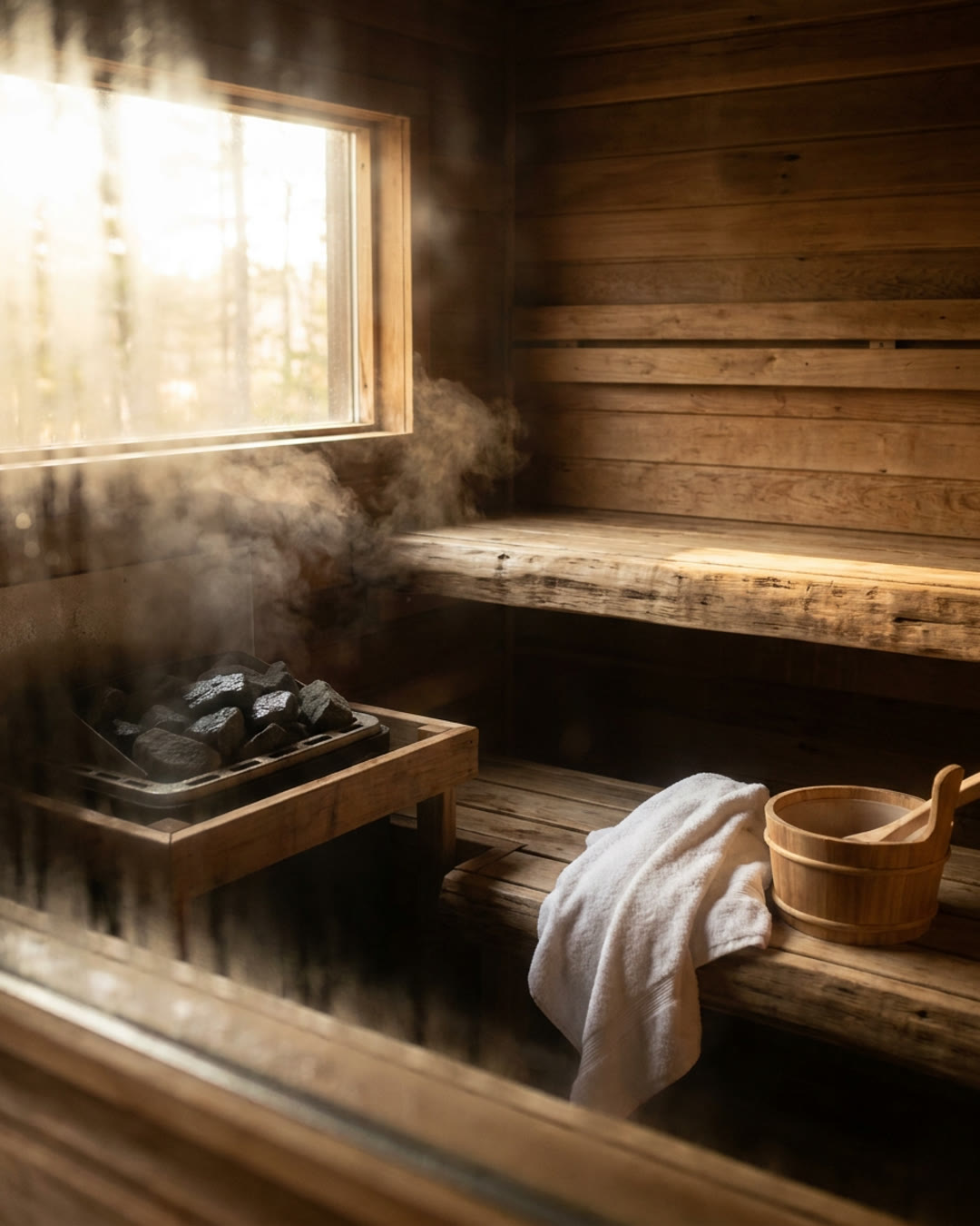 Warm cedar sauna interior with steam rising off the heater stones