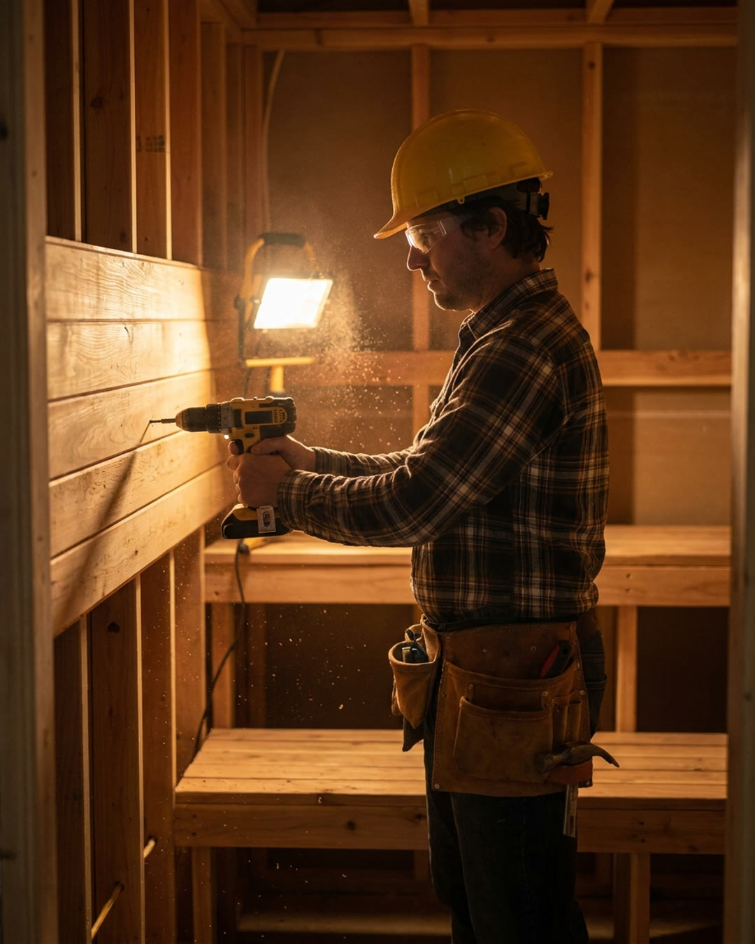 Contractor installing cedar sauna panels