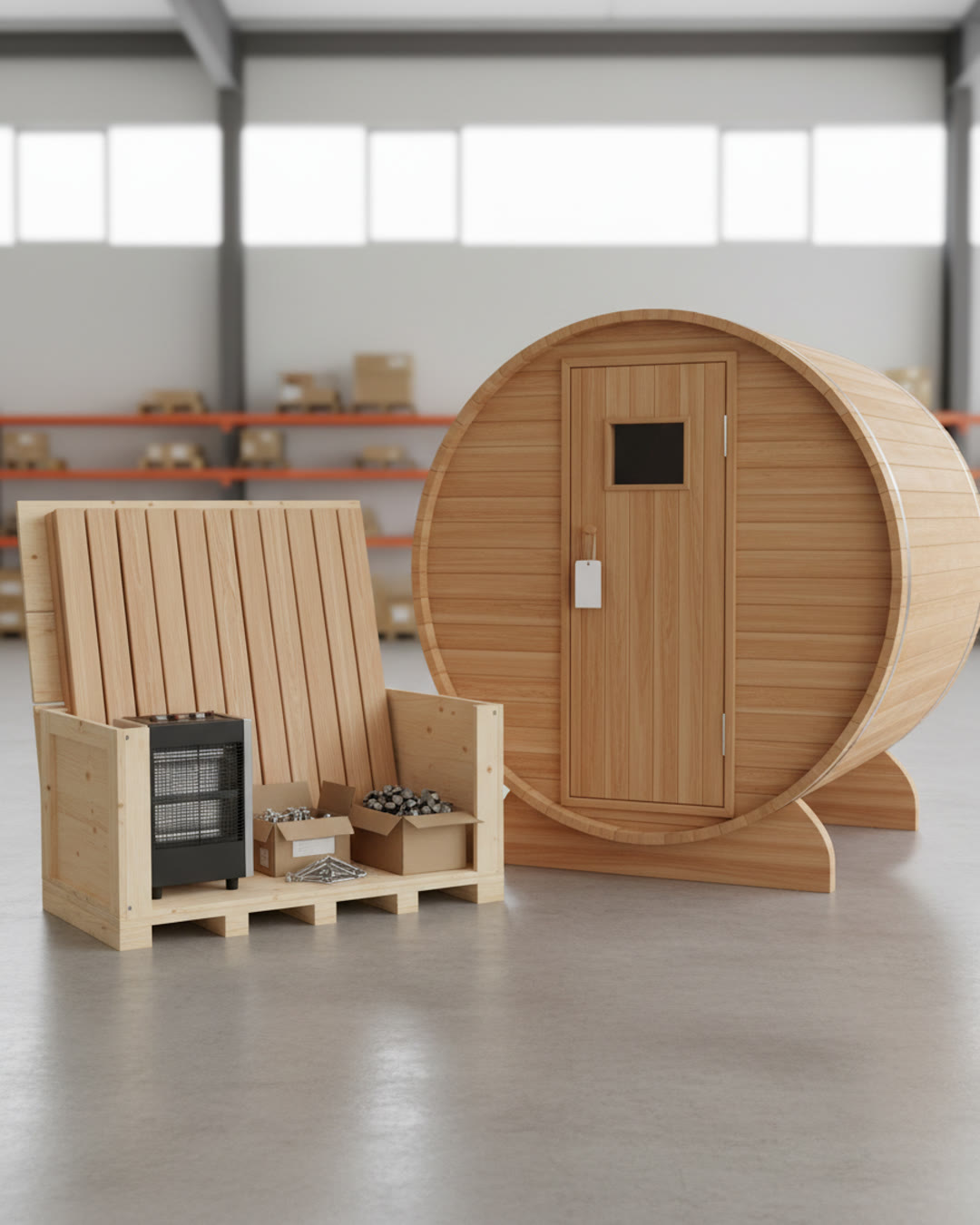 Premium barrel sauna beside its packed kit crate