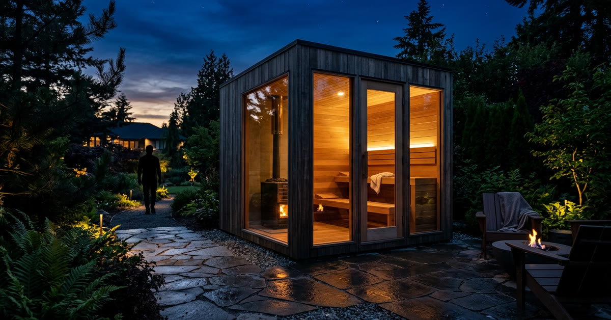 Finished luxury backyard sauna at twilight